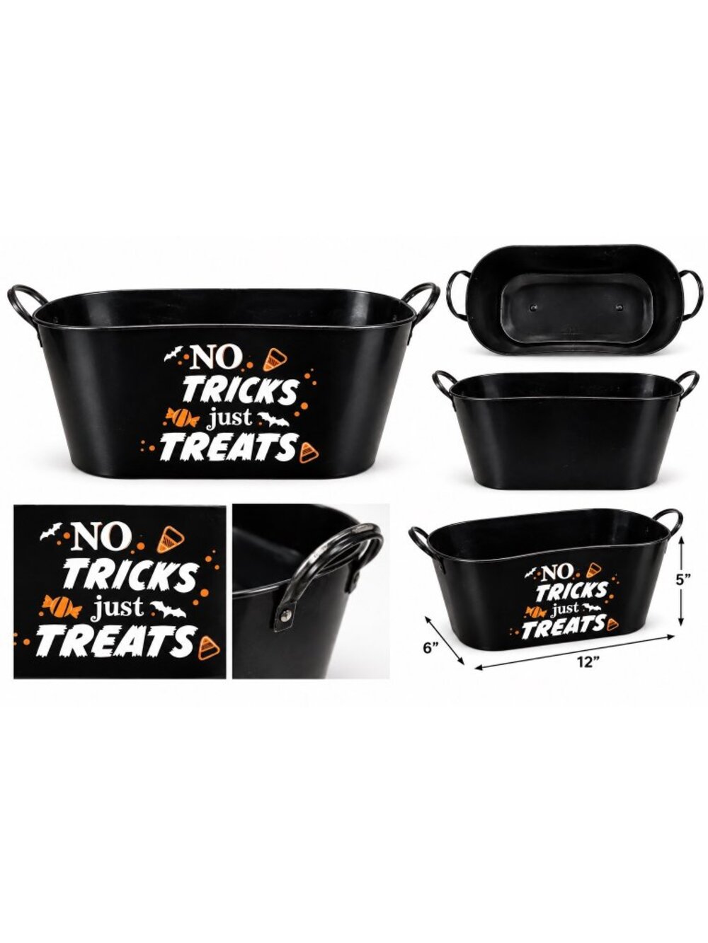 Halloween Metal “No Tricks Just Treats” Bucket – 12” x 6” x 5”